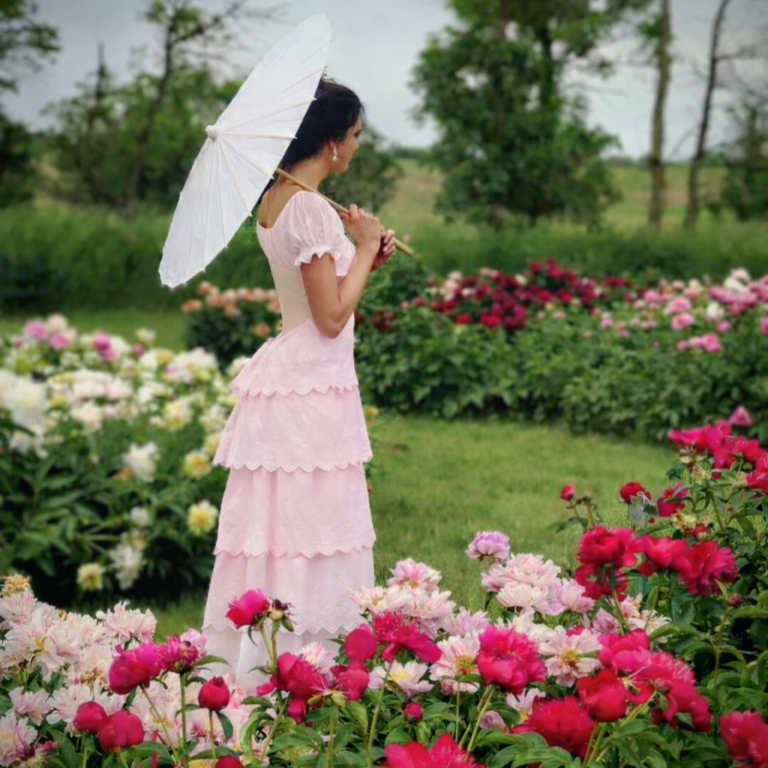 Woman in peony garden with parasol 1 768x768